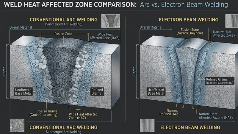 Cutaway illustration of a welded joint showing fusion zone, heat affected zone, grain coarsening, and thermal influence in industrial metal welding