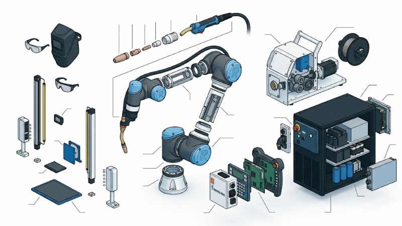 Diagram-style view of cobot welding system components including robot arm, welding power source, and control interface
