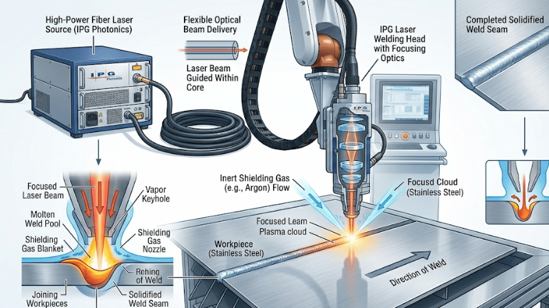 Diagram showing how fiber laser welding works from laser source to focused weld pool