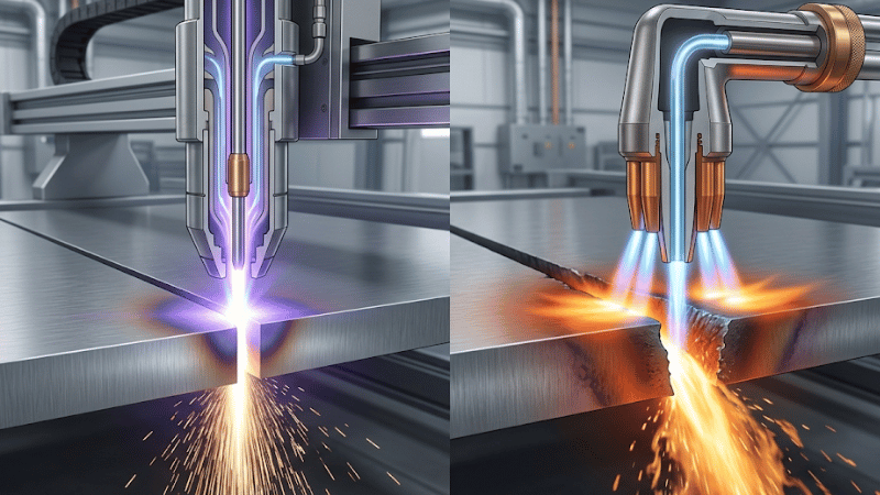 Illustration comparing how plasma cutting and oxy-fuel cutting work on metal