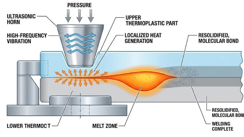 Diagram showing how ultrasonic welding plastic works through vibration pressure localized heat and bonding at the interface