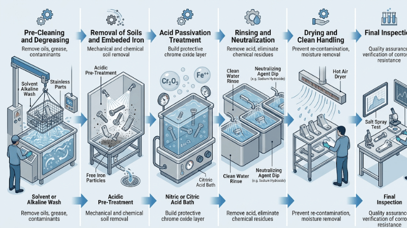 Step-by-step illustration of the stainless steel passivation process including pre-cleaning, acid treatment, rinsing, drying, and inspection