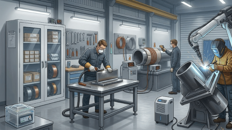 Industrial process illustration showing hydrogen control in welding through low-hydrogen consumables, dry storage, clean joint preparation, and preheat