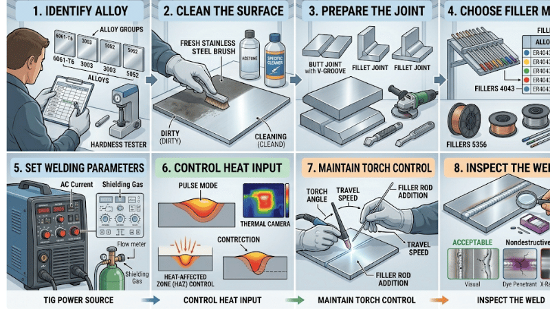 Step by step aluminum welding process illustration showing cleaning, joint preparation, filler selection, welding, and inspection