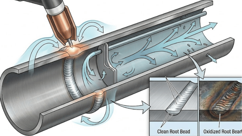 Cutaway diagram of TIG welding on pipe showing argon shielding around torch and back purging inside