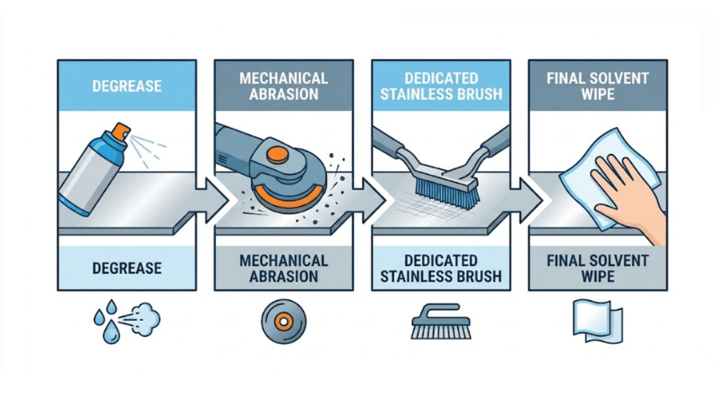 Infographic showing degrease, mechanical clean, dedicated brush, final solvent wipe for Inconel TIG welding