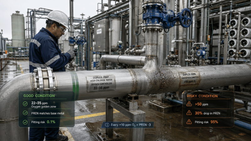ndustrial wastewater treatment, Duplex 2205, Duplex 2507, duplex stainless steel, PREN stability, pitting resistance, oxygen control, high chloride water treatment, corrosion risk, industrial piping inspection, wastewater treatment plant, welding quality
