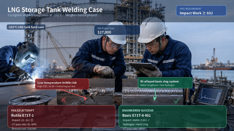 Engineering comparison of rutile E71T-1 and basic E71T-8-Ni1 flux-cored wires for LNG storage tank welding at -162°C, showing failed impact toughness and improved low-temperature weld performance.