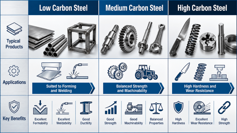Selection matrix showing low carbon steel for weldability, medium carbon steel for strength, and high carbon steel for hardness and wear resistance.