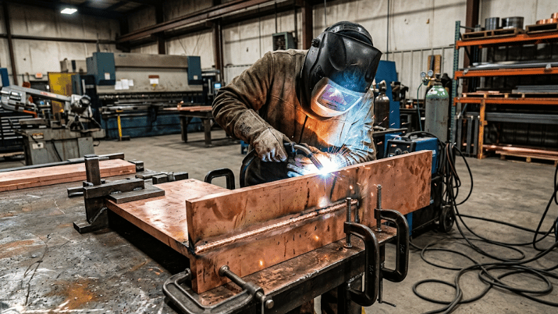 Industrial MIG welding process on thick copper section with strong arc and heavy-duty fabrication setup