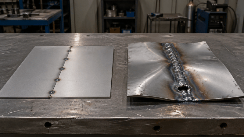 Thin sheet metal MIG welding comparison showing controlled heat input versus distortion and burn-through