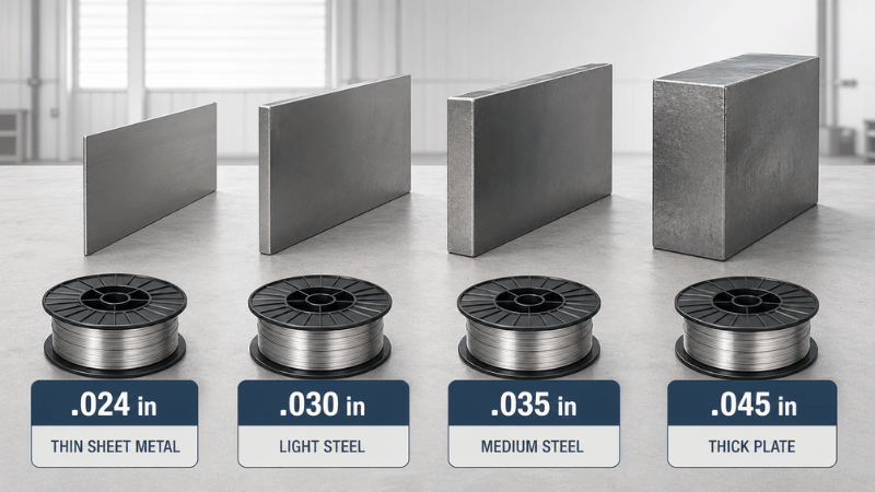 Technical illustration showing how .024, .030, .035, and .045 MIG wire sizes match thin sheet metal, light steel, medium steel, and thick plate welding applications.