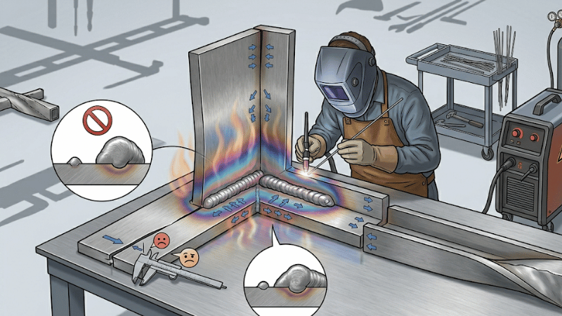 Illustration showing the main causes of distortion in welding including excessive heat input, large weld size, poor fit-up, and incorrect welding sequence