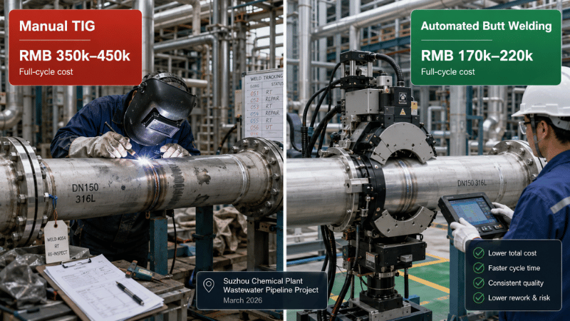 Realistic split-screen comparison of manual TIG butt joint welding and automated pipe butt welding on DN150 316L stainless steel pipes in a Suzhou chemical plant wastewater pipeline project.