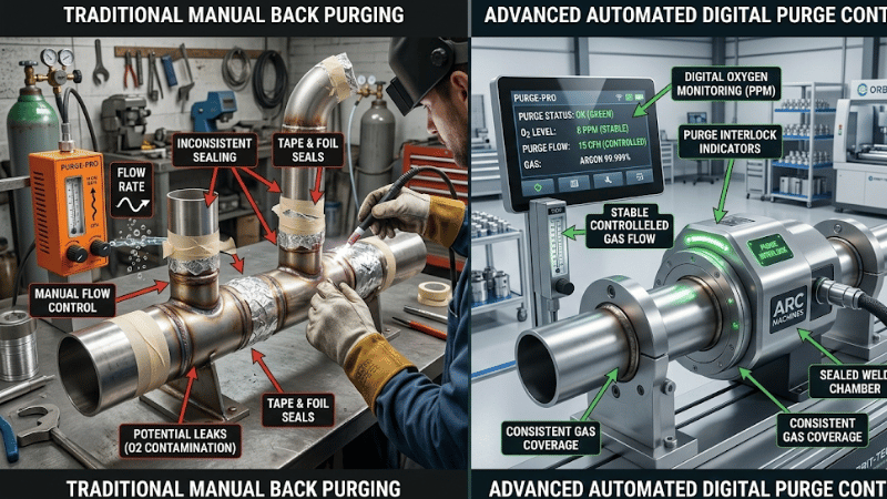 Comparison of manual back purge welding setup with tape and flow meter versus automated orbital welding system with digital oxygen monitoring and enclosed purge control.