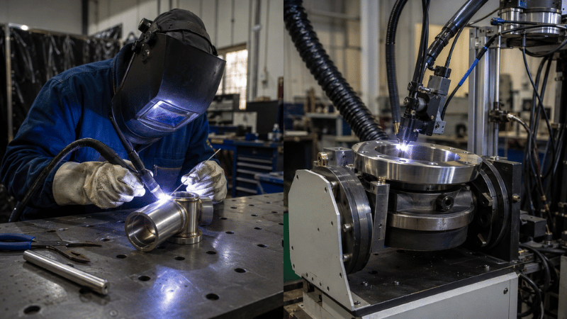 Manual TIG welding compared with a machine-mounted automatic TIG welding system.