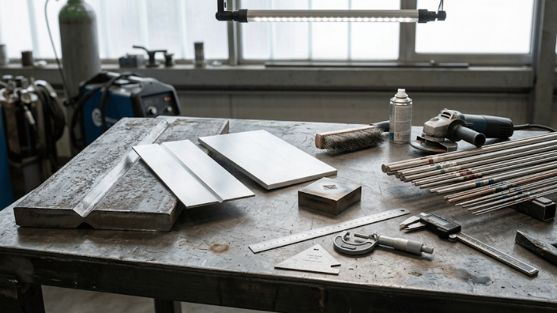 Steel samples and welding tools representing chemical, mechanical, and physical properties that affect weldability
