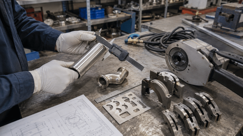 Engineer measuring stainless steel tube diameter and fitting clearance before choosing a closed orbital welding head