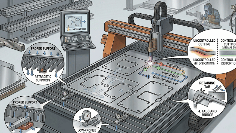 Industrial illustration showing methods of controlling distortion when making cuts with staged cutting, proper support, and balanced thermal cutting patterns