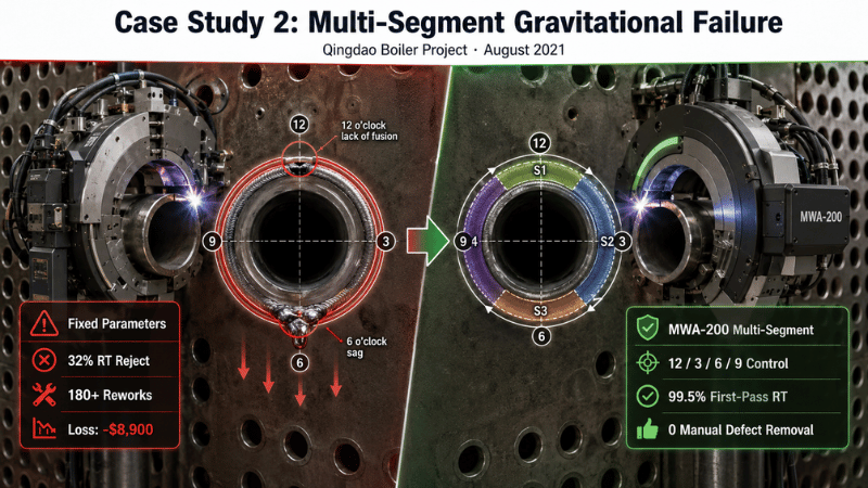 Comparison of fixed-parameter orbital welding with gravity-related weld defects and iKratz MWA-200 multi-segment control achieving 99.5% first-pass RT acceptance.