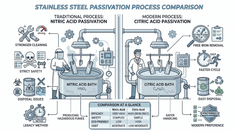 Comparison illustration of nitric acid passivation and citric acid passivation for stainless steel parts in industrial manufacturing