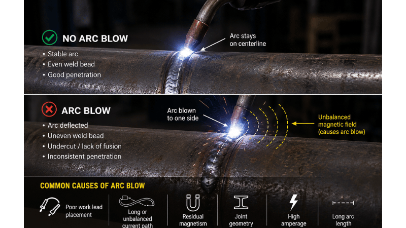 A realistic industrial pipe welding infographic comparing normal arc behavior with arc blow. The image highlights stable arc control, arc deflection, uneven bead formation, magnetic field imbalance, and common causes such as poor work lead placement, residual magnetism, joint geometry, high amperage, and long arc length.