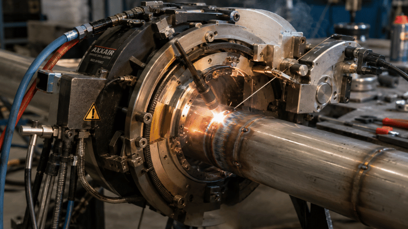 Open orbital welding head performing a filler-wire TIG weld on an industrial stainless steel pipe.