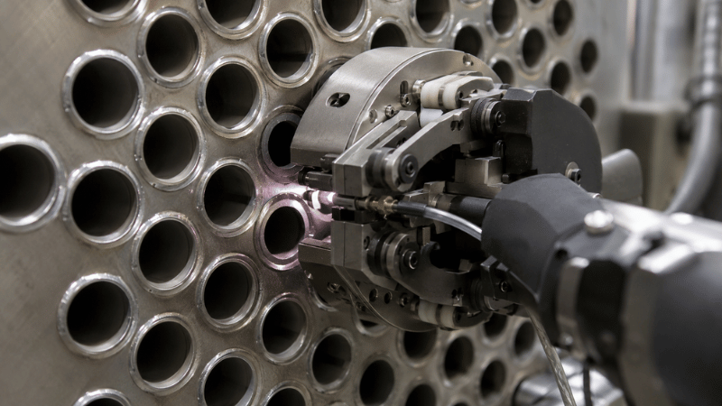 Close-up of an orbital welding head performing tube-to-tubesheet welding on a metal tubesheet