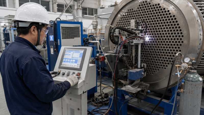 Welding operator adjusting the controller of an automatic tube-to-tubesheet welding machine in a real factory