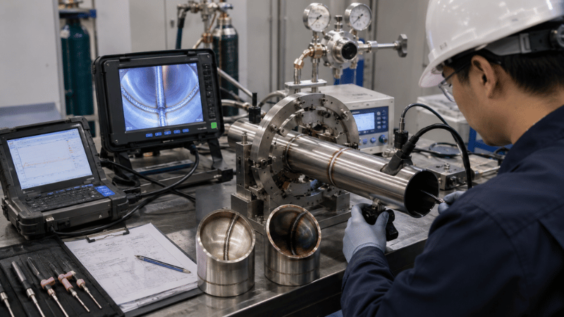 Welding engineer inspecting the internal profile and purge quality of an orbital tube weld