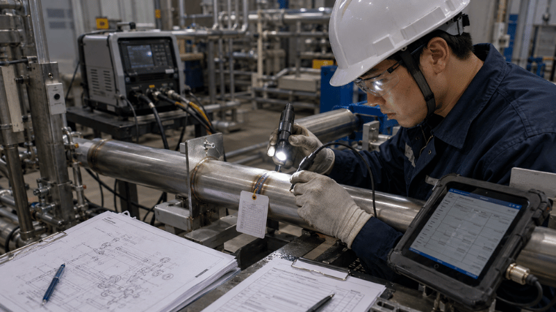 QA technician inspecting and documenting an orbital weld on a semiconductor gas line.