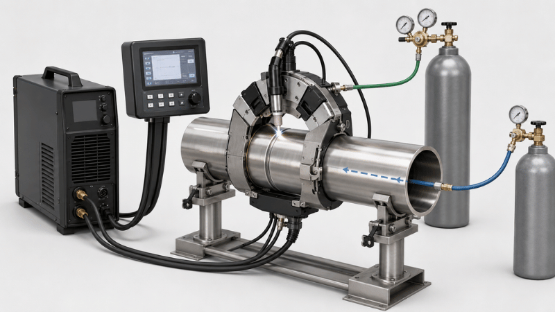 Orbital welding machine components including power supply, weld head, clamp, purge gas line, and stainless steel pipe