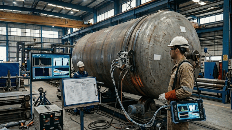 Technician performing PAUT and TOFD ultrasonic testing on a pressure vessel weld seam in a fabrication shop
