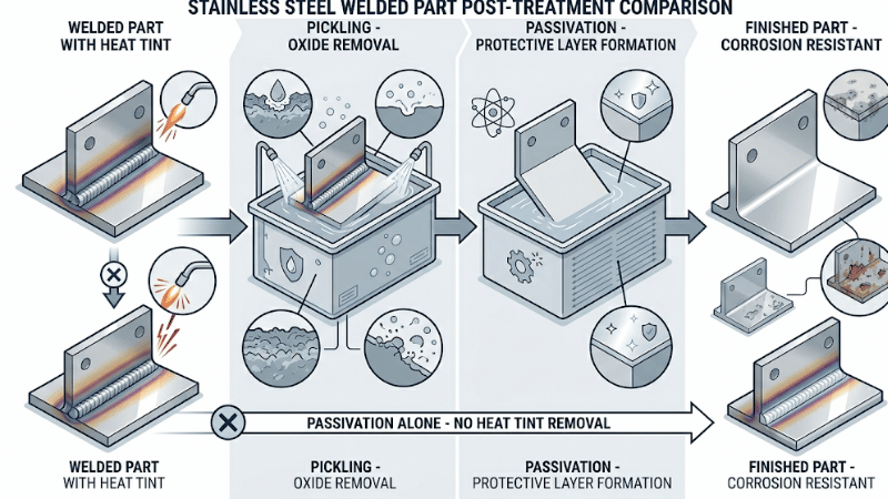 Illustration showing welded stainless steel with heat tint, followed by pickling and passivation to improve corrosion resistance