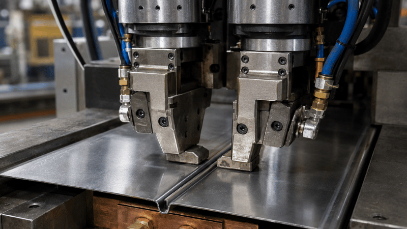 Close-up of pneumatic clamping fingers and copper backing bar on a longitudinal seam welding machine