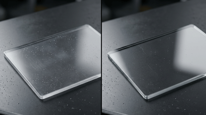 Side-by-side polycarbonate and glass clear welding cover lenses showing scratch resistance differences