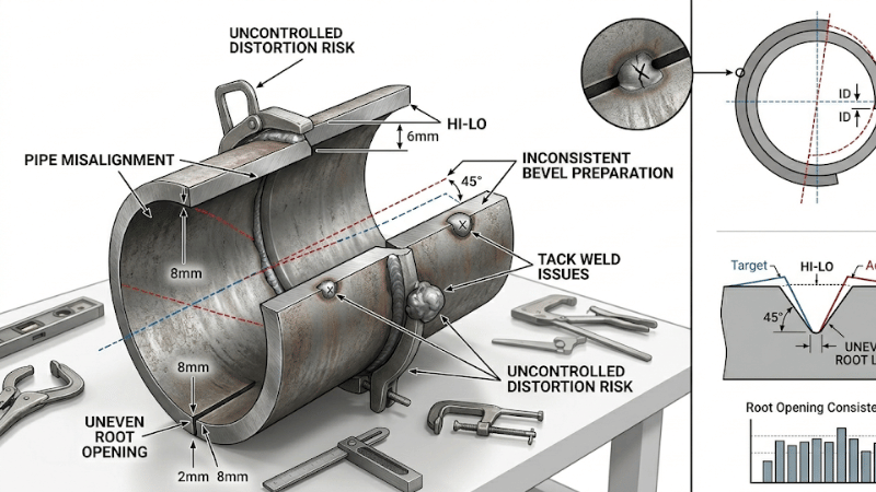 Steel pipe joint with poor fit-up, uneven root opening, and misalignment before welding
