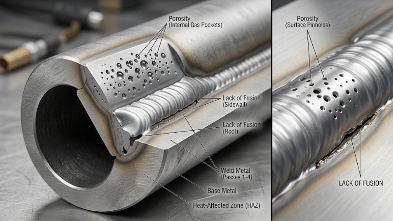 Close-up of a pipe weld showing porosity and lack of fusion defects for pipe welding troubleshooting