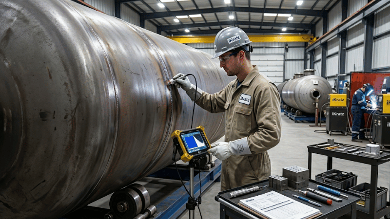 Quality inspector checking a pressure vessel weld with non-destructive examination tools in a fabrication facility