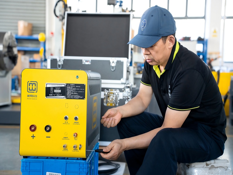 Technician working with industrial welding equipment system