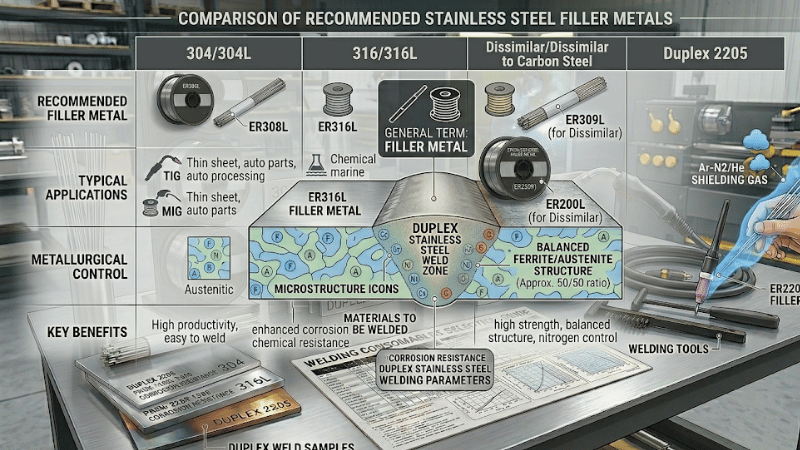 Comparison of stainless steel filler metal options for 304 316 dissimilar joints and duplex stainless steel
