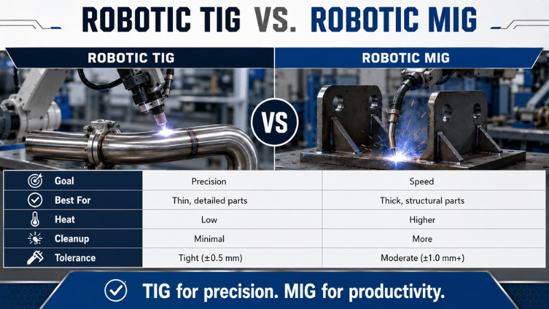 robotic TIG welding, robotic MIG welding, TIG vs MIG automation, robotic welding comparison, automated welding, precision welding, welding productivity
