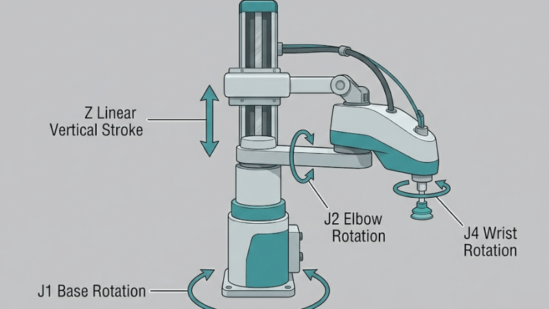 Diagram showing SCARA robot axes: J1 base rotation, J2 elbow rotation, Z vertical stroke, and J4 wrist rotation labeled clearly.