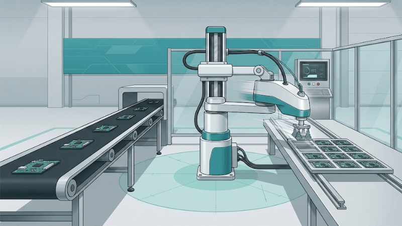Illustration of a SCARA robot arm performing high-speed pick-and-place on a conveyor with simple parts and a clean factory background.