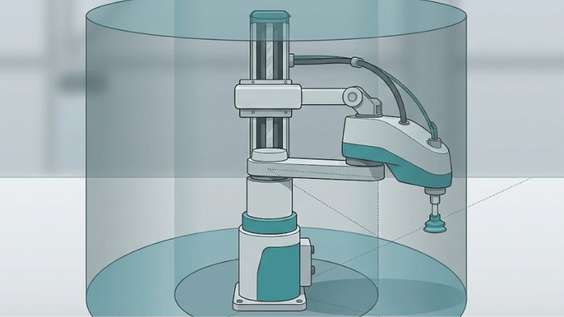 Visual showing a SCARA robot’s circular/cylindrical work envelope with reachable zones and a small inner dead zone near the base.