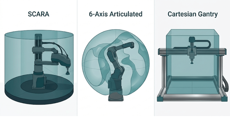 Side-by-side illustration comparing SCARA, 6-axis, and Cartesian robots with their typical workspace shapes and motion strengths.