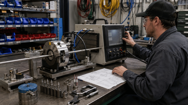 Technician configuring an orbital tube welding machine for small-diameter stainless steel tubing.