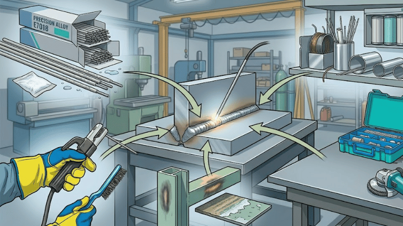 Diagram showing common sources of hydrogen in welding such as moisture in consumables, dirty metal surfaces, rust, oil, and poor storage conditions