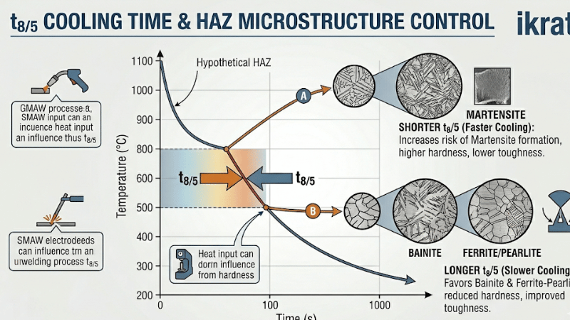 Temperature-time graph showing t8/5 cooling time and its effect on HAZ microstructure in steel welding