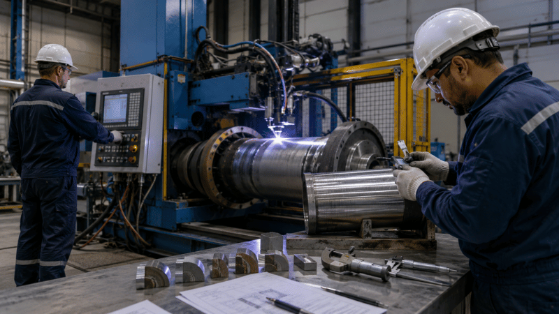 Engineers inspecting weld overlay during a TIG cladding machine acceptance test